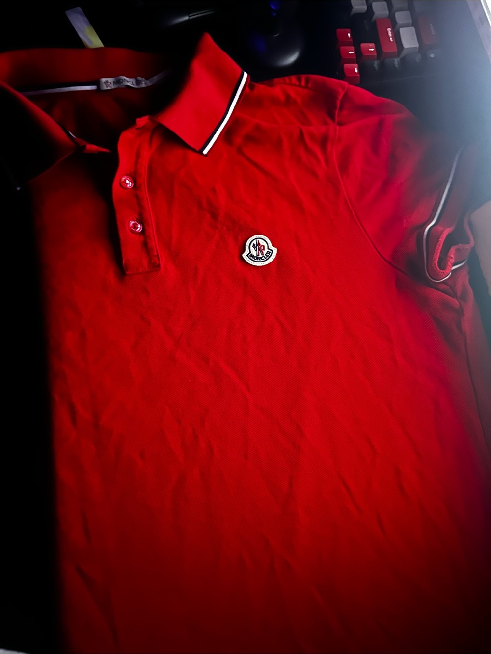 Moncler Red Polo with White-Trim Collar